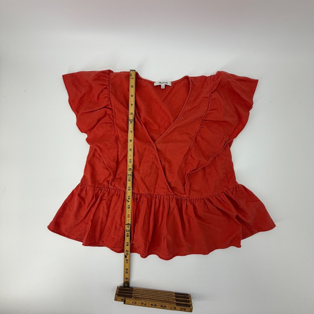 Madewell Ruffle Peplum Wrap Top Red Linen Blend V-Neck XS Short Sleeve - Picture 5 of 6